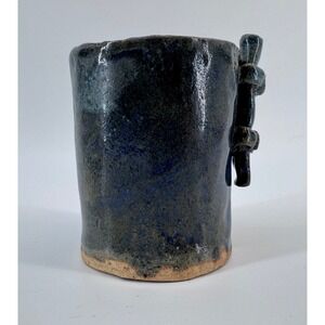 Handmade Ceramic Mug Dark Blue Glaze Textured Handle Pottery Drinkware Bamboo
